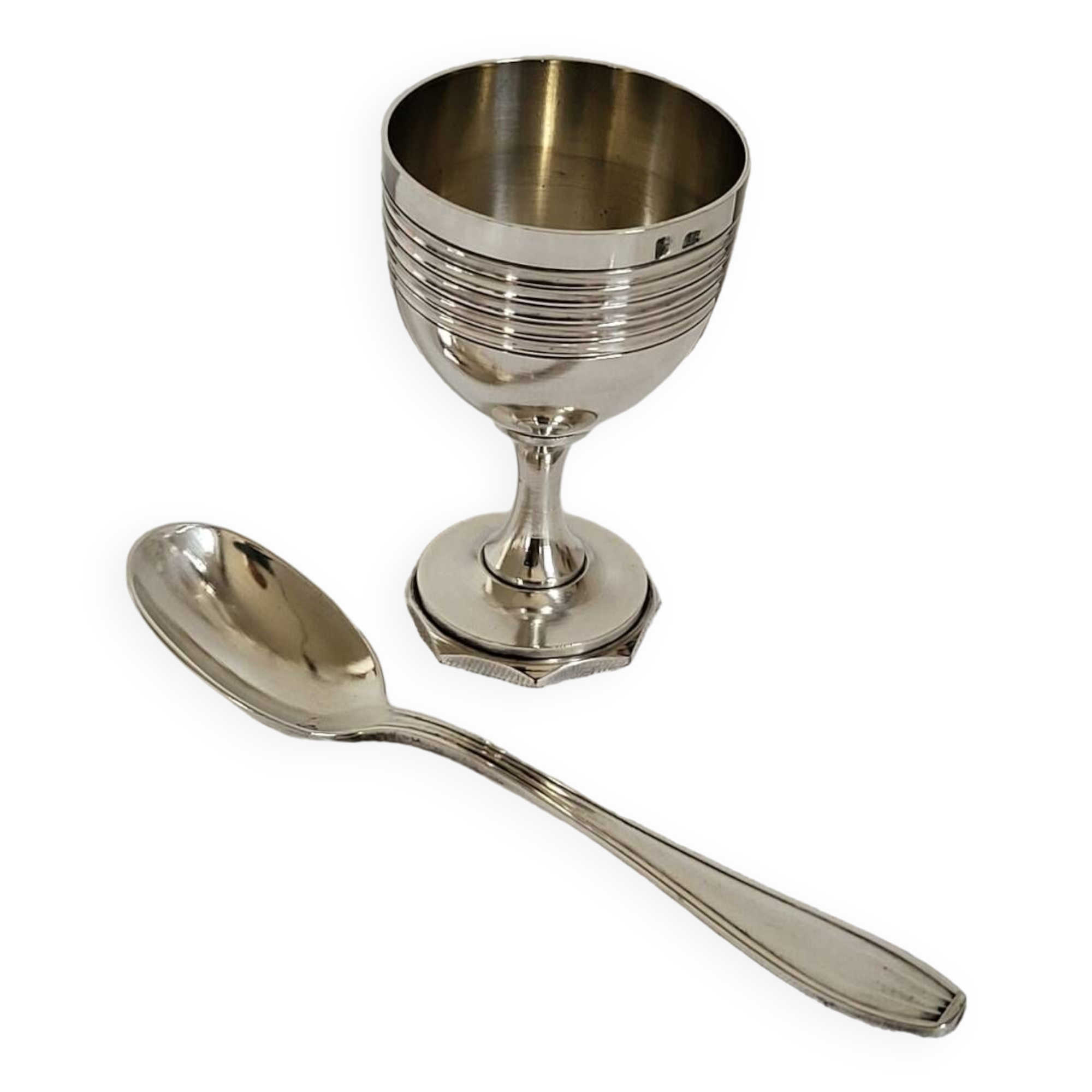 Egg Cup and Small Spoon in Silver Metal