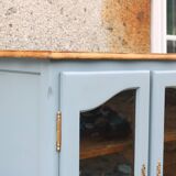 Buffet vitré ancien en bois massif bleu, rénové