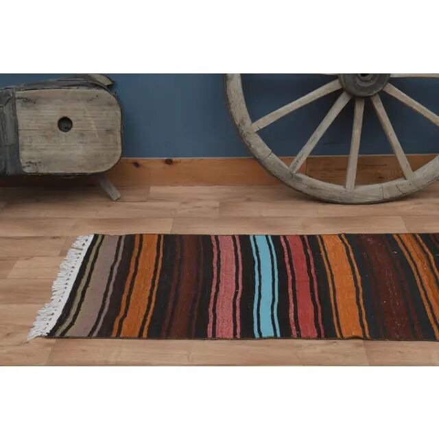 1970s Vintage Turkish Handmade Wool & Cotton Orange Runner Rug 70x311