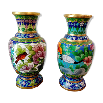 Pair of Asian vases floral motifs and partitioned bronze birds