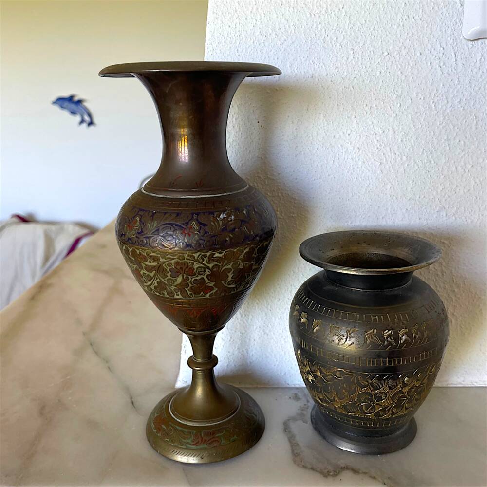 Pair vintage Oriental etched brass vases