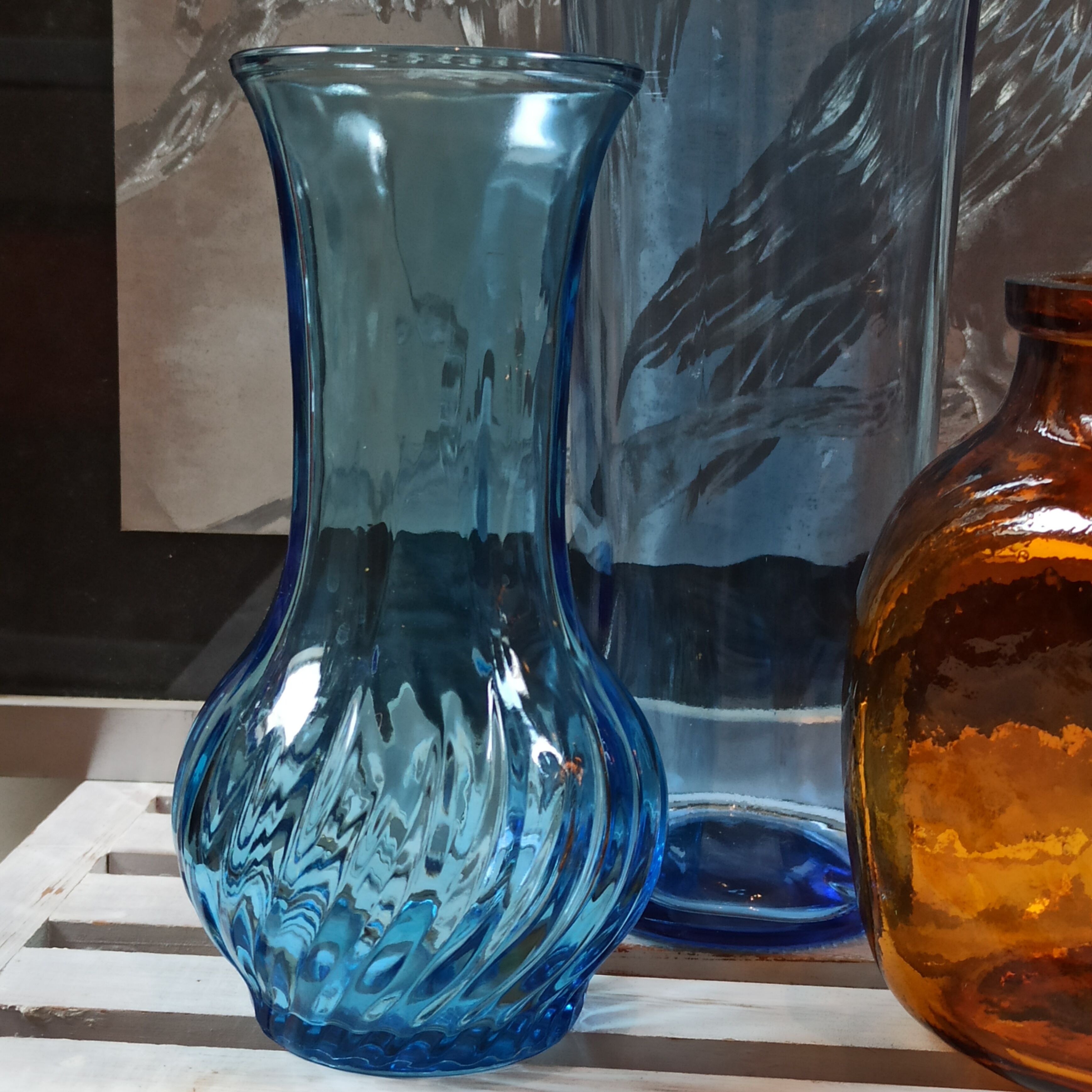Trio vintage vase bottle and jar in amber and blue glass