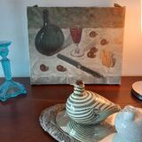 Still life painting with glass of wine .old