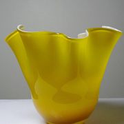 Fazzoletto vase in blown Italian glass, yellow opaline lined, Murano 1960-70.
