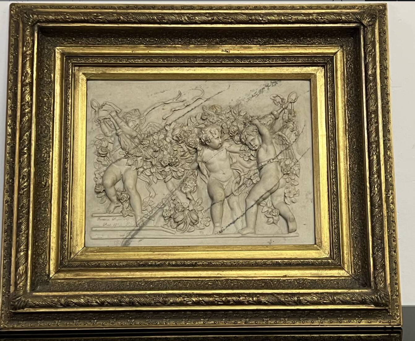 Marble high relief by François Duquesnoy "Putti, garlands and flowers" Paris