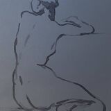 Signed watercolor painting on Denim paper portrait of a woman from behind "bath"
