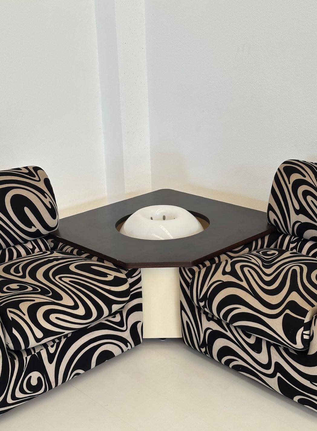 Modular 70s sofa, reupholstered, with integrated table modules, sculptural