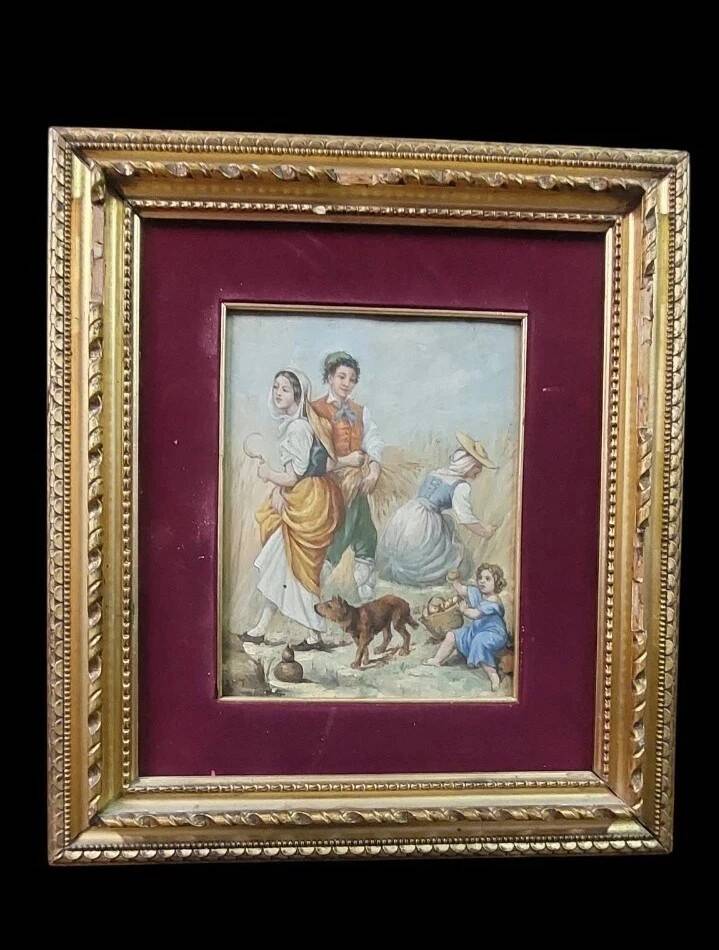 Antique 19th century wood panel, signed oil painting, popular scene