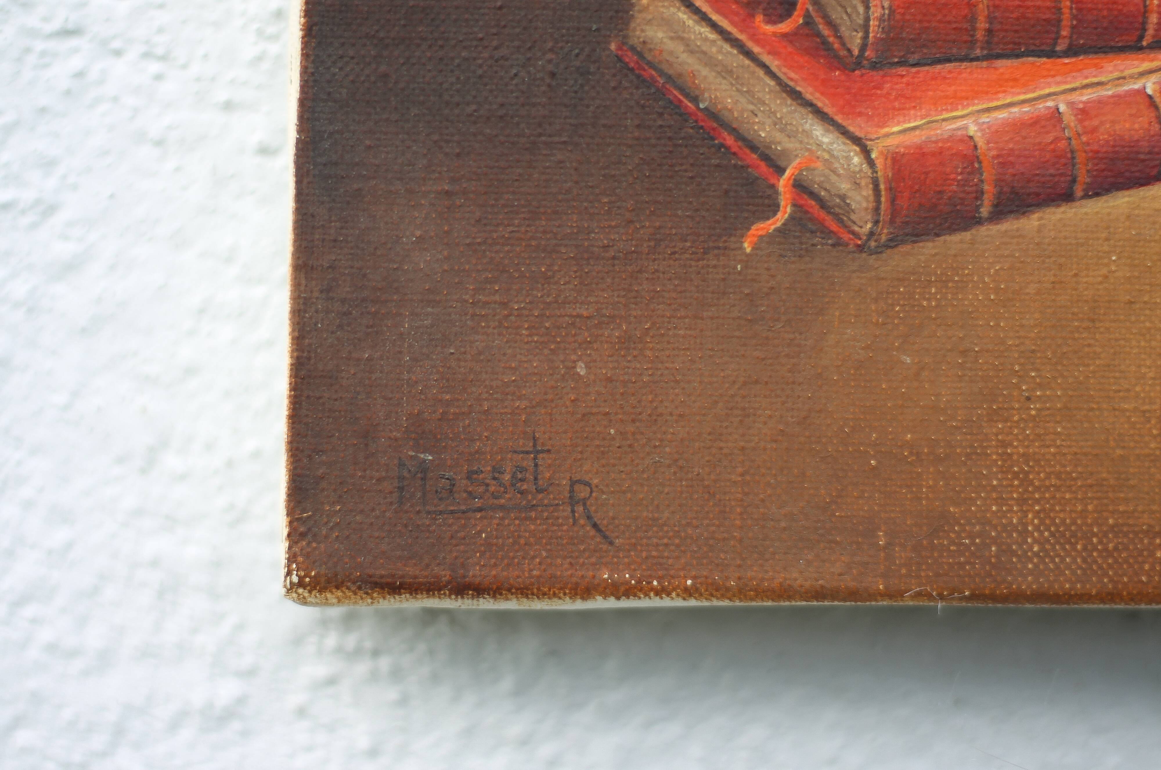 Signed still life painting, oil painting, books with candle