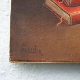 Signed still life painting, oil painting, books with candle