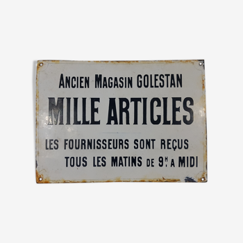 Ancienne plaque émaillée "Magasin Golestan, Mille articles " Vintage.