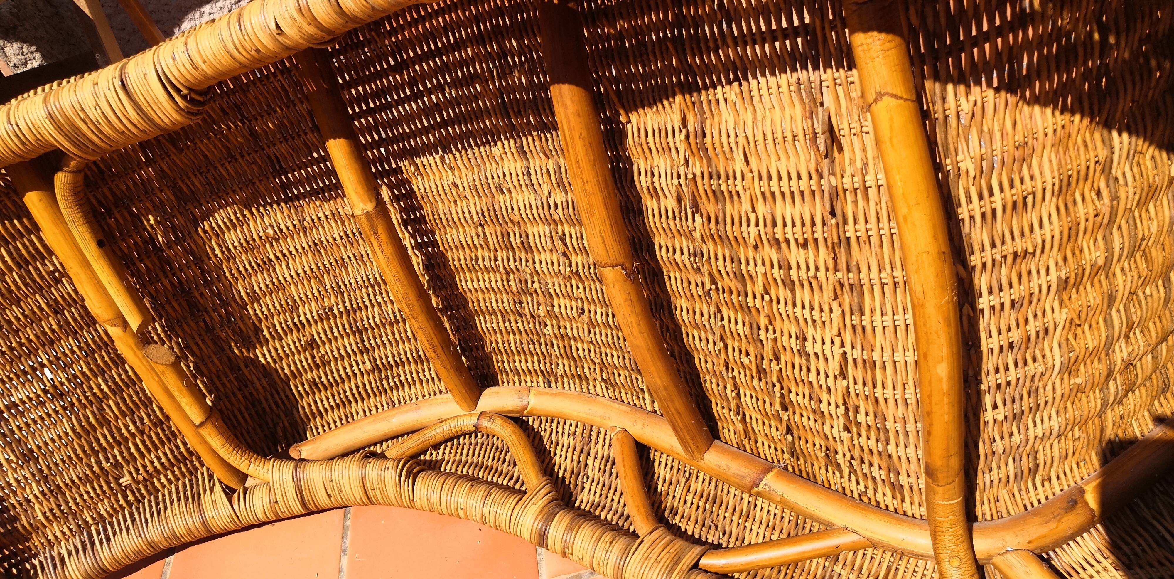 Deck chair sunbed in rattan and bamboo 1960