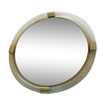 Miroir mural rond en verre de Murano "Torciglione" en or dans le style Barovier.