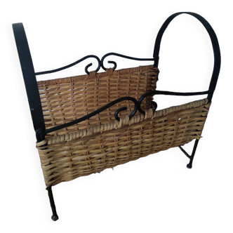 Vintage wicker and metal magazine rack