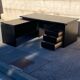 Important office with return, Italian design, black lacquered wood, Nègroni edition, late 80s