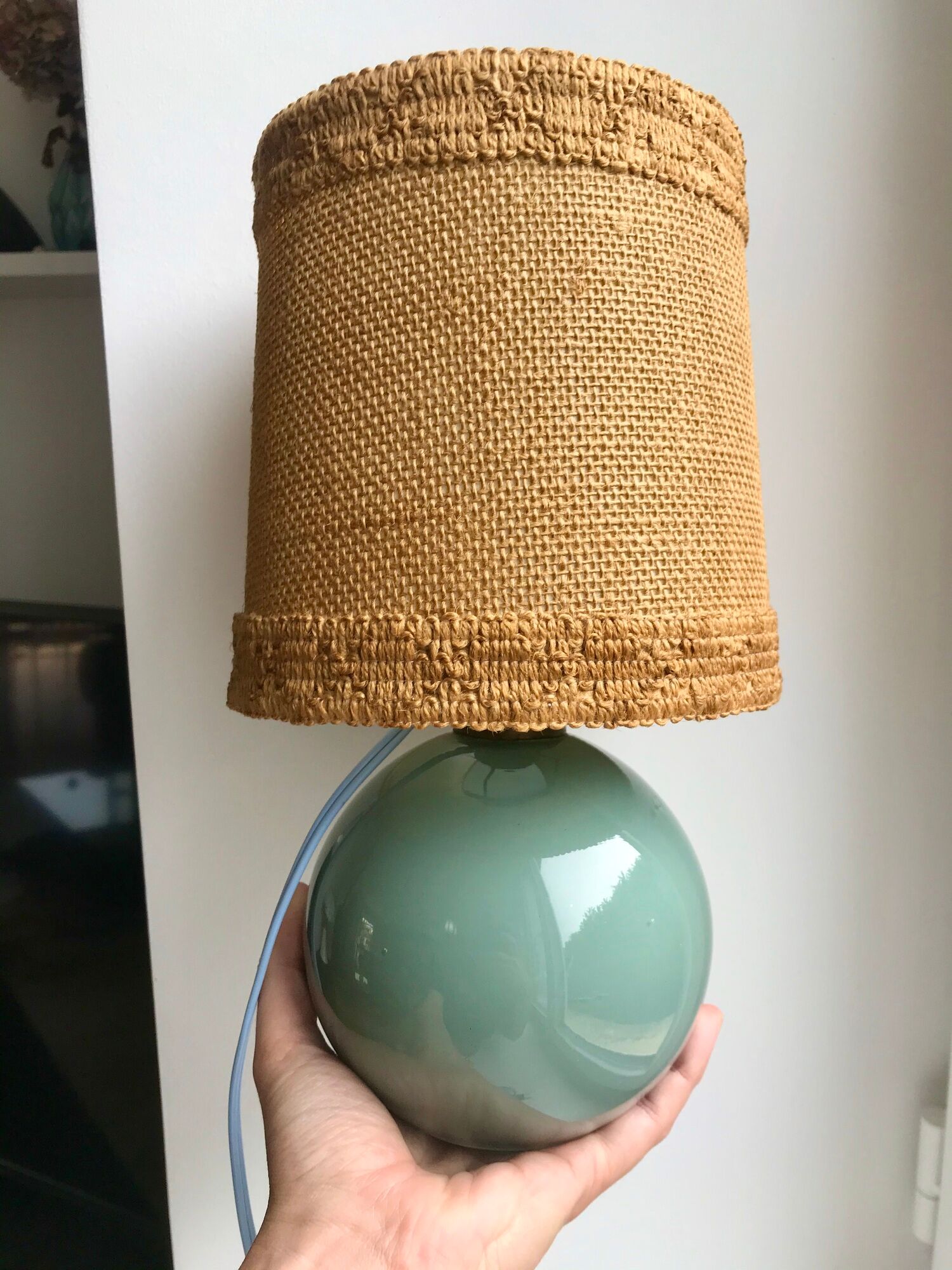 Table lamp with feet in water green opaline and woven lampshade 60s-70s