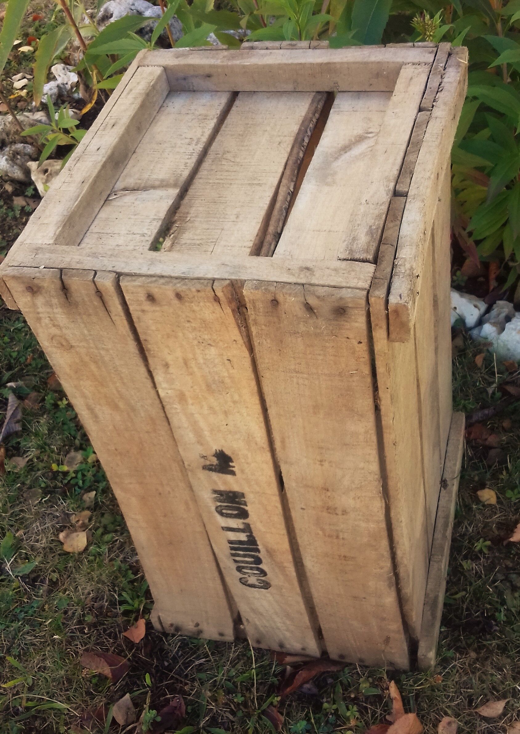 Wooden box with black letters