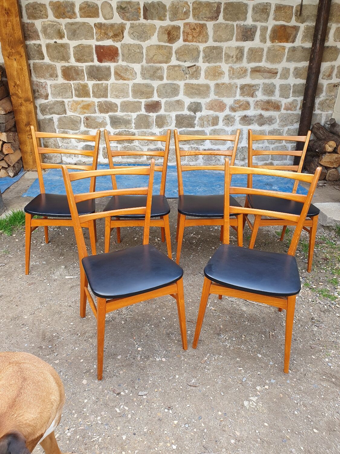Set of 6 teak chairs and imitation black leather an 60 scandinavian design
