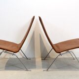 Paire de chauffeuses PK22 en cuir cognac par Poul Kjærholm pour E Kold Christensen