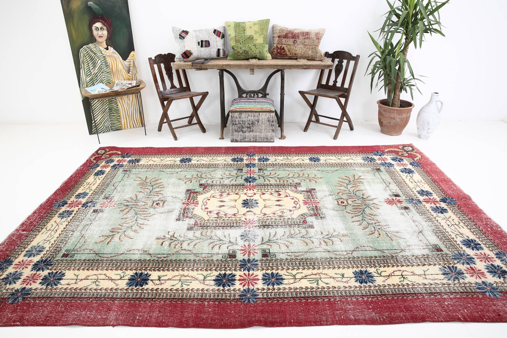 7x11 Rug For Living Room Red Green Bordered Vintage Area Rug, 215x335Cm