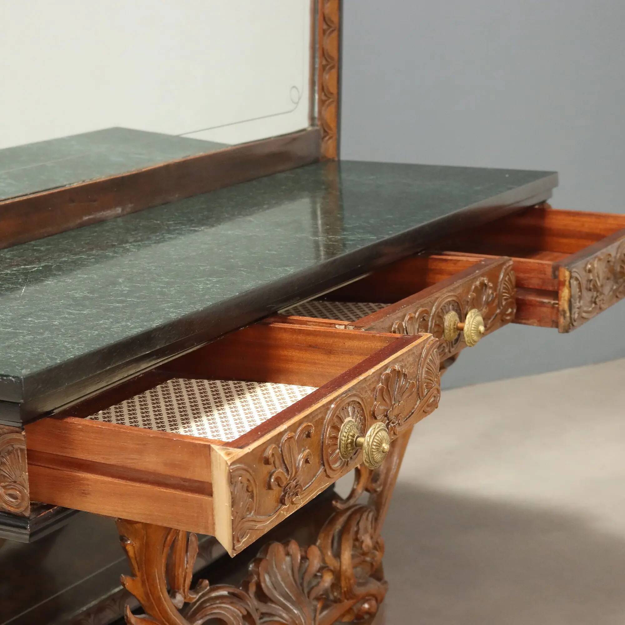 Antique console with a walnut mirror and green marble, Italy, 20th century.