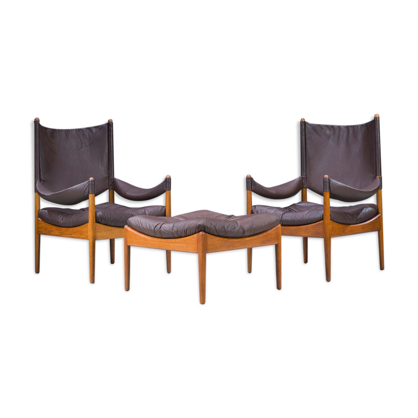 Mid-century danish oak and leather lounge chairs & ottoman by kristian vedel, 1960s, set of 3
