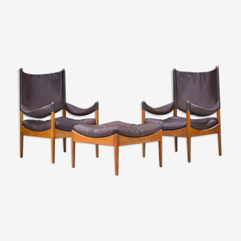 Mid-century danish oak and leather lounge chairs & ottoman by kristian vedel, 1960s, set of 3