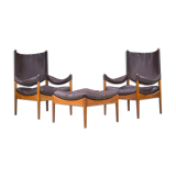 Mid-century danish oak and leather lounge chairs & ottoman by kristian vedel, 1960s, set of 3