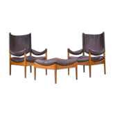 Mid-century danish oak and leather lounge chairs & ottoman by kristian vedel, 1960s, set of 3
