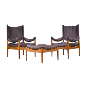 Mid-century danish oak and leather lounge chairs & ottoman by kristian vedel, 1960s, set of 3