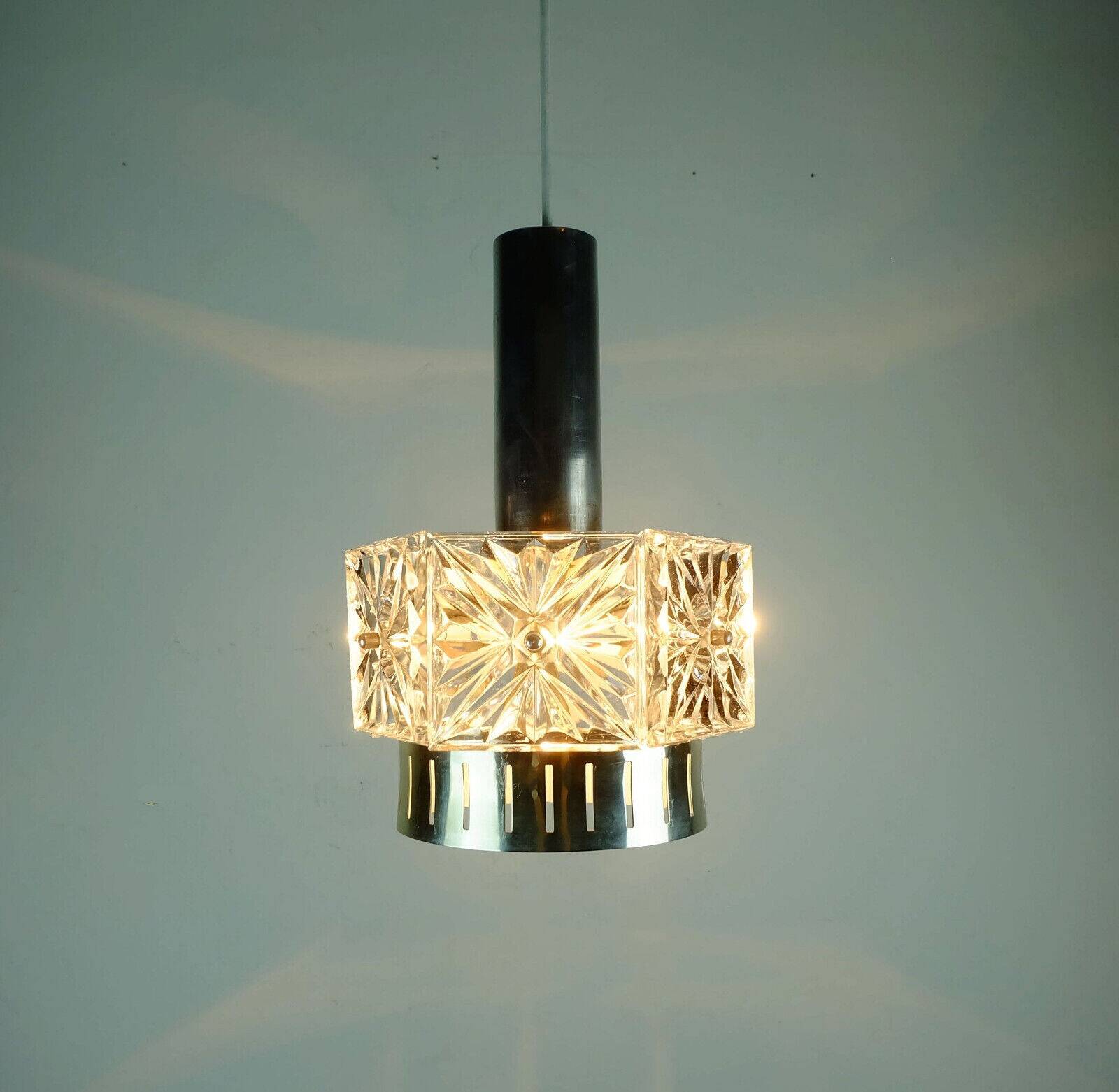 Vintage crystal glass and metal pendant light with 6 glass prisms from the 1960s, 2 available