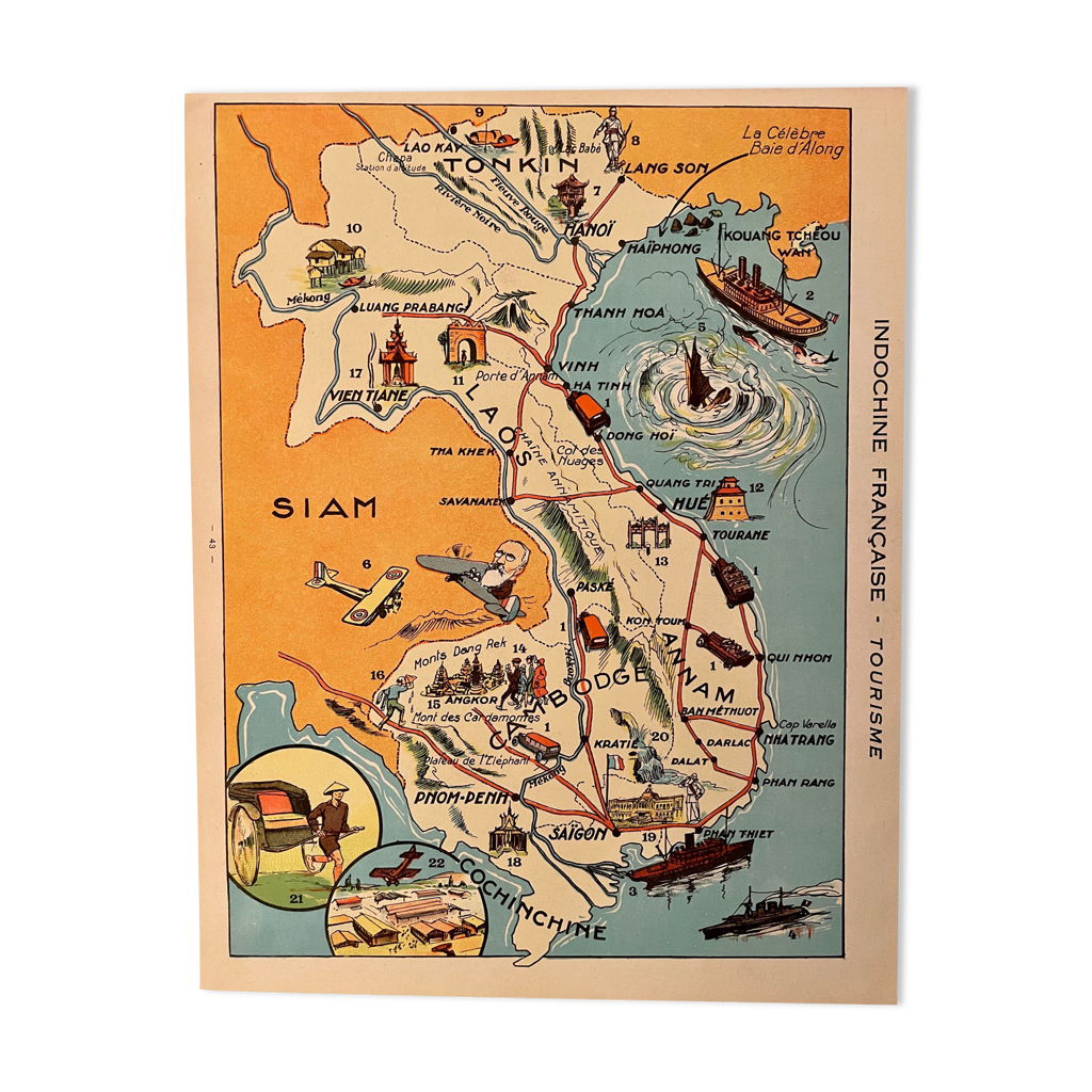 Old poster map of French Indochina (tourism) 1931 Selency