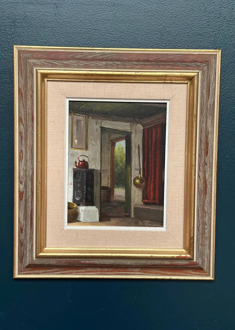 Original Swedish Oil on Canvas – 'Kitchen II' by Osvald Rasmussen – Signed – Vintage and Framed – 41 × 37 cm (16.1" × 14.6")