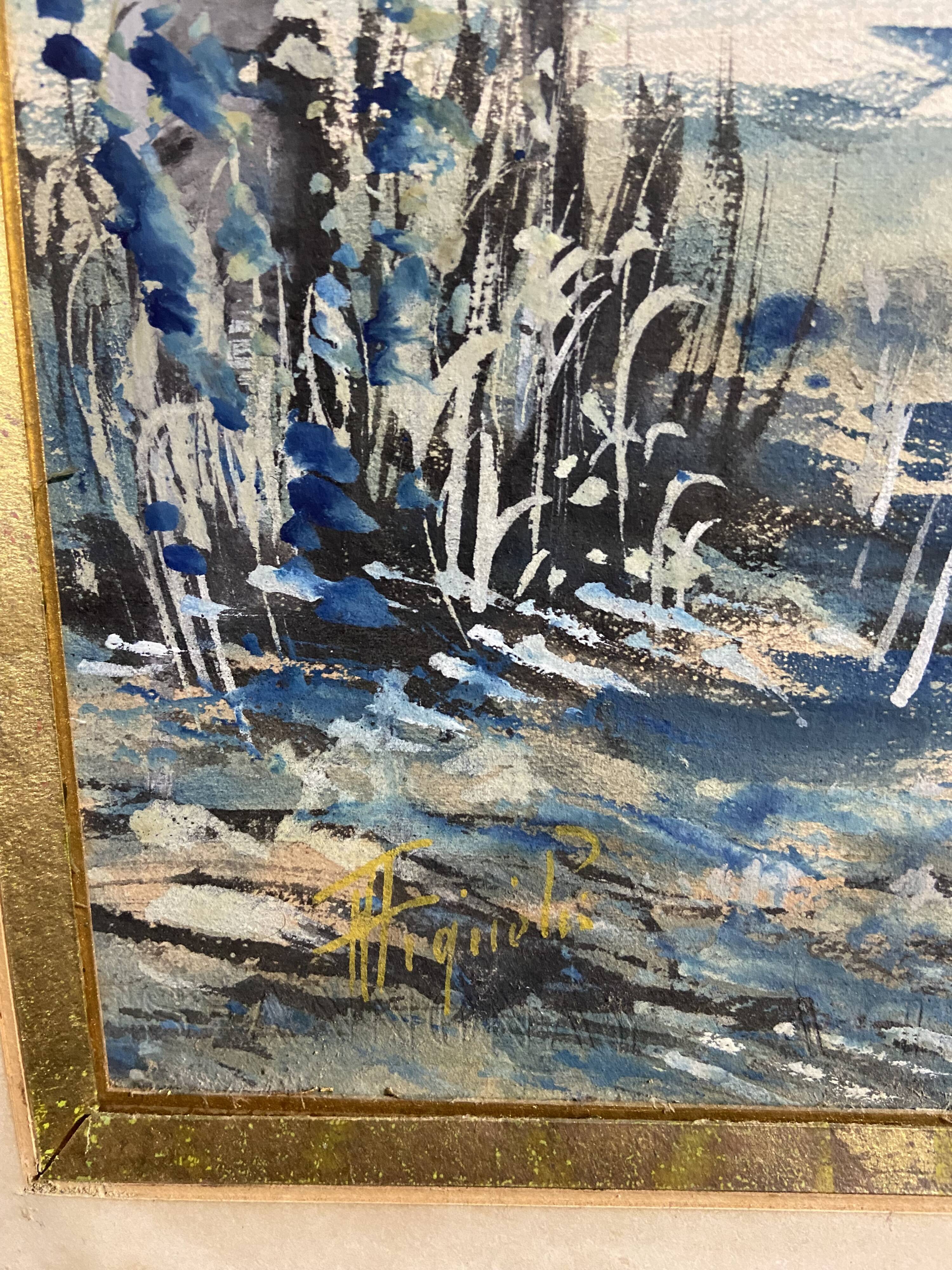 Large watercolor from the early 20th century, signed landscape of a wooded river bank