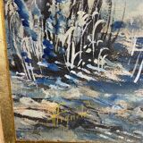 Large watercolor from the early 20th century, signed landscape of a wooded river bank