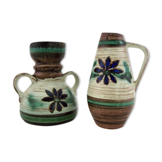 2 vases en céramique motifs floraux peints à la main ESR Sawa foreign West Germany 60