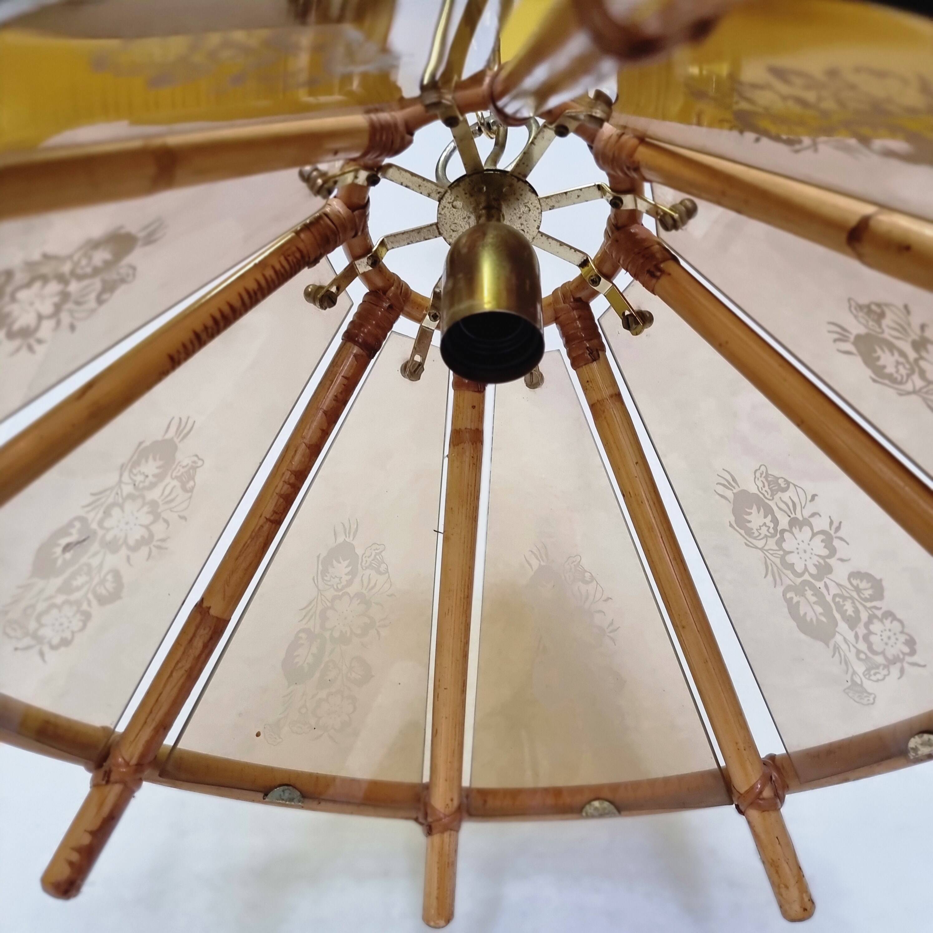 Vintage Bamboo Pendant Lamp With Decorative Glass From The 70s