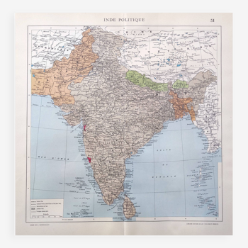 Carte de l’Inde vintage 43x43cm de 1950