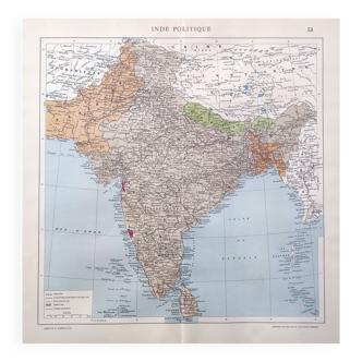 Vintage map of India 43x43cm from 1950