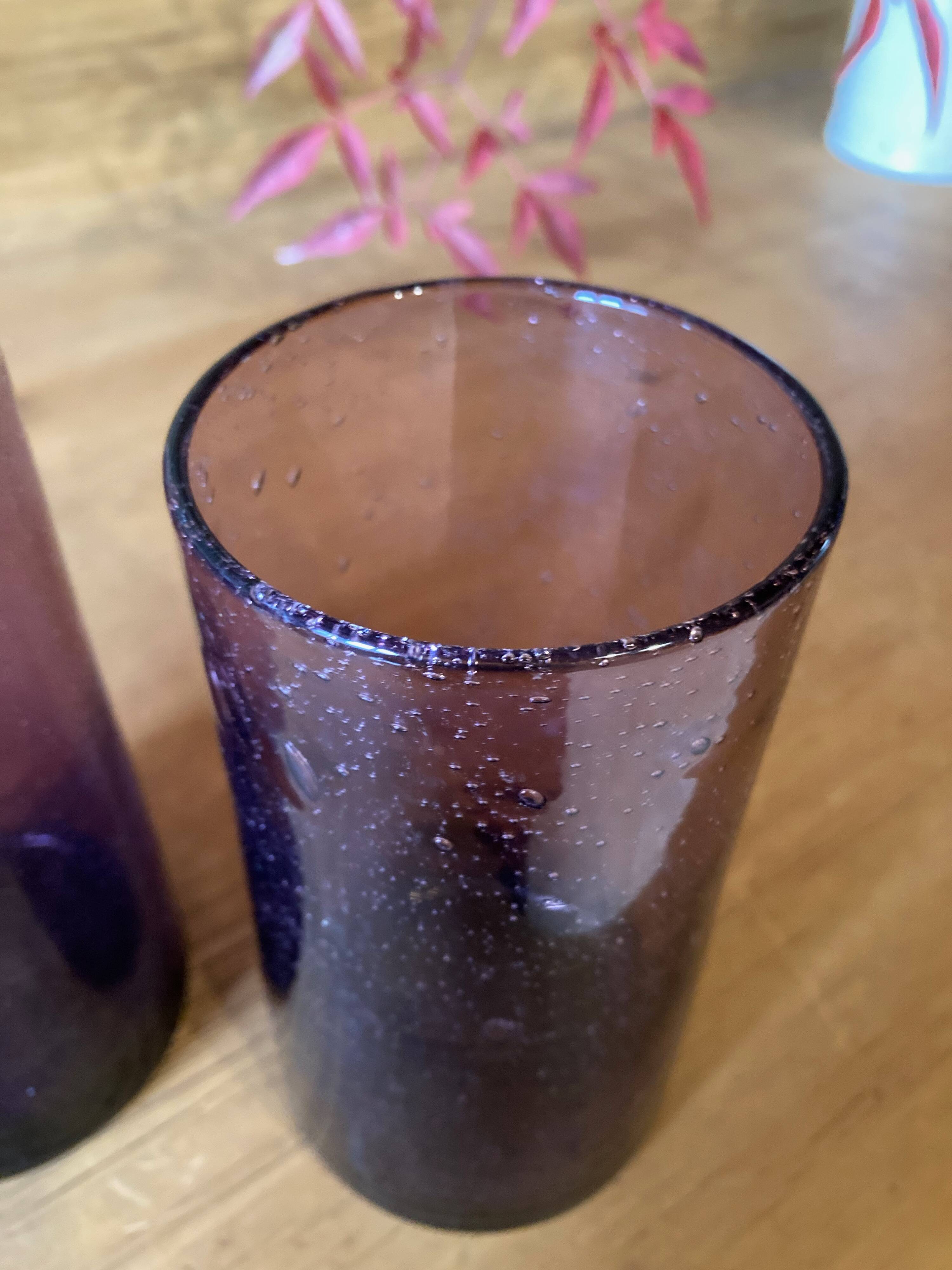 Water glasses, purple bubbled glass, Biot region