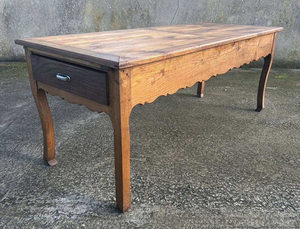 Solid oak farmhouse table, one drawer, vintage, early 20th century.