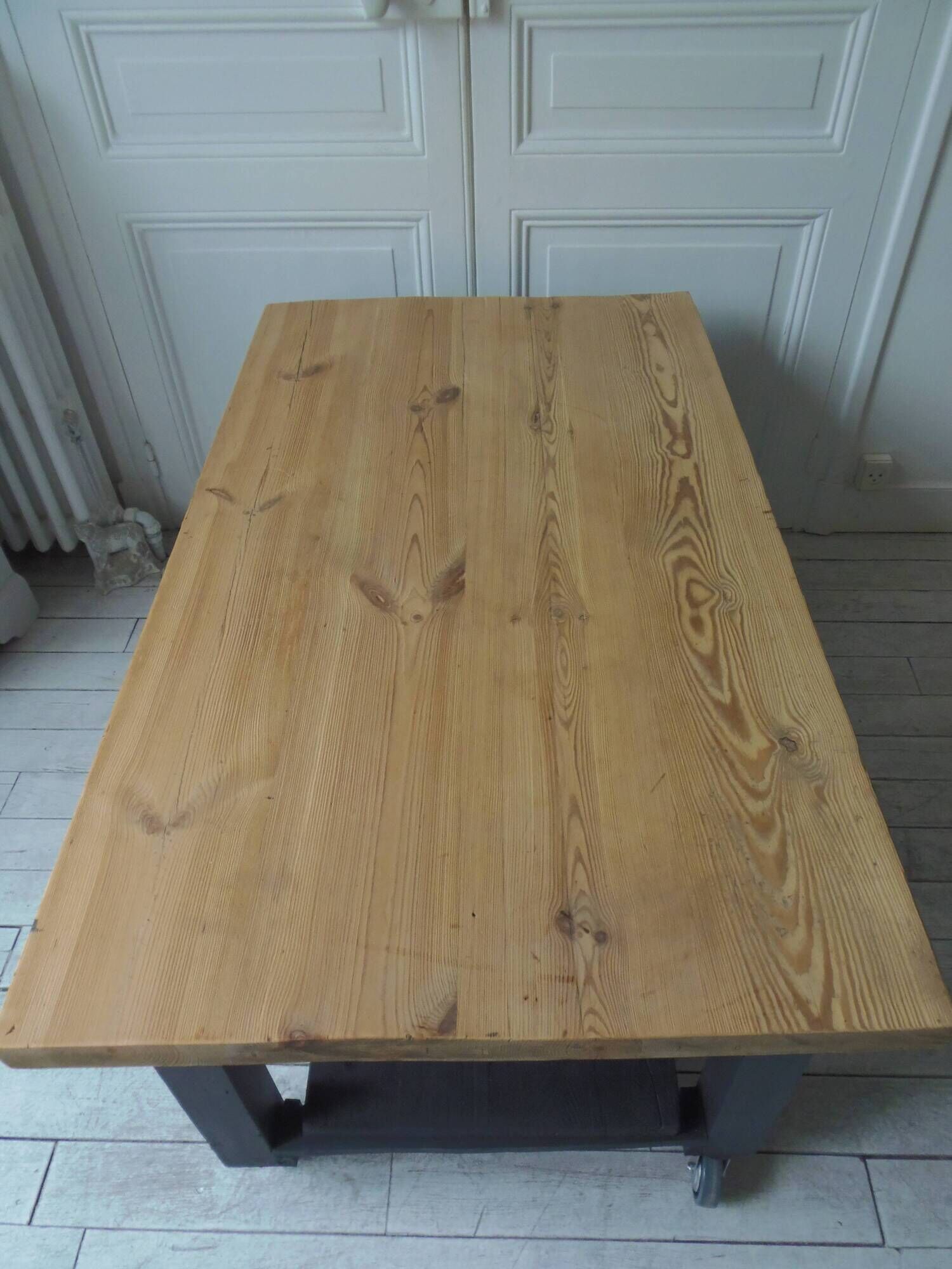 Coffee table on casters made from a vintage table, 1 drawer, 1 slate gray shelf.