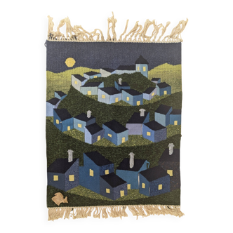 Tapisserie Vintage Tissée à la Main Scène de Village sous la Pleine Lune