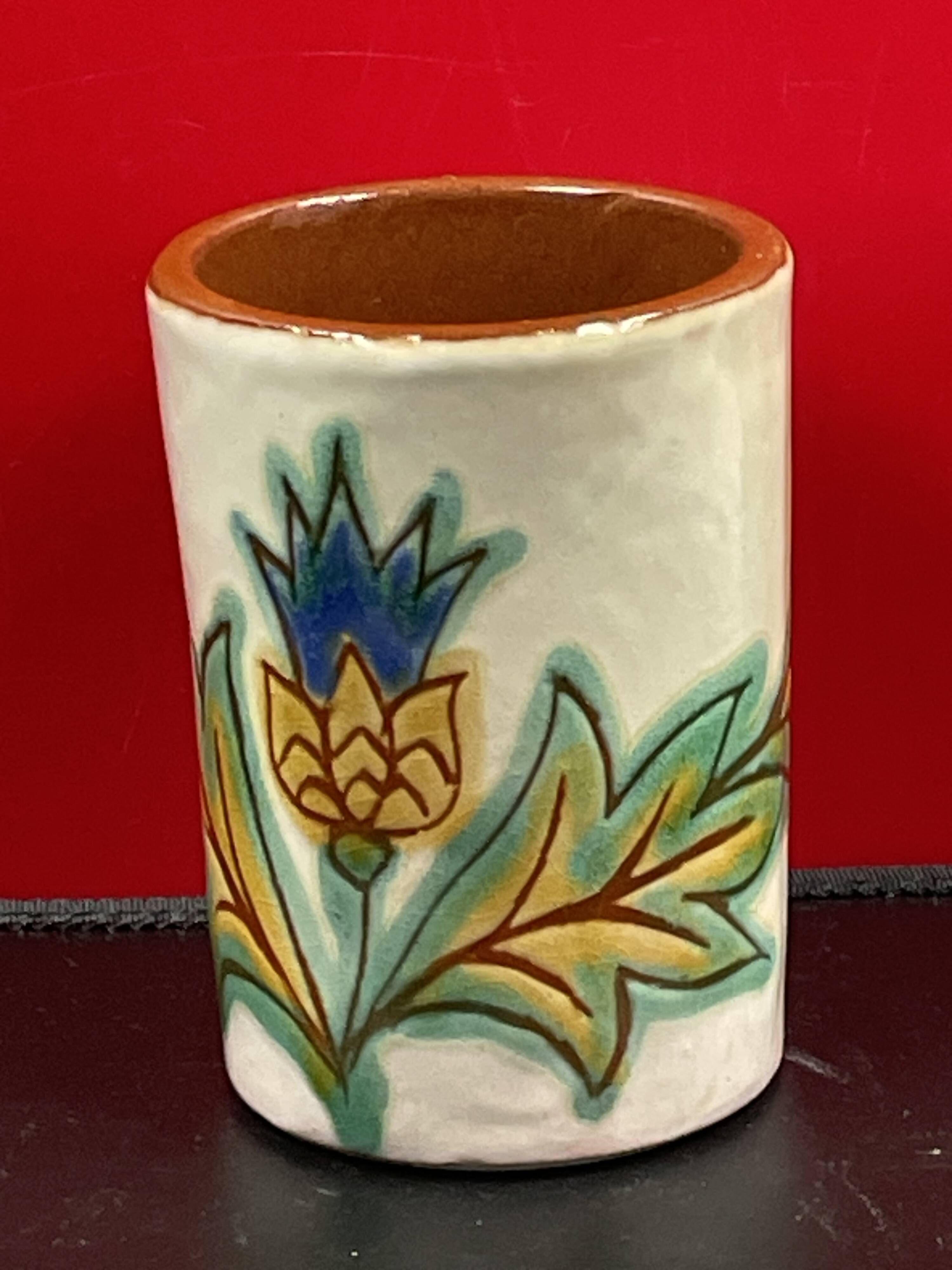 Vintage ceramic, 70" vintage cornflower enameled brush pot to identify