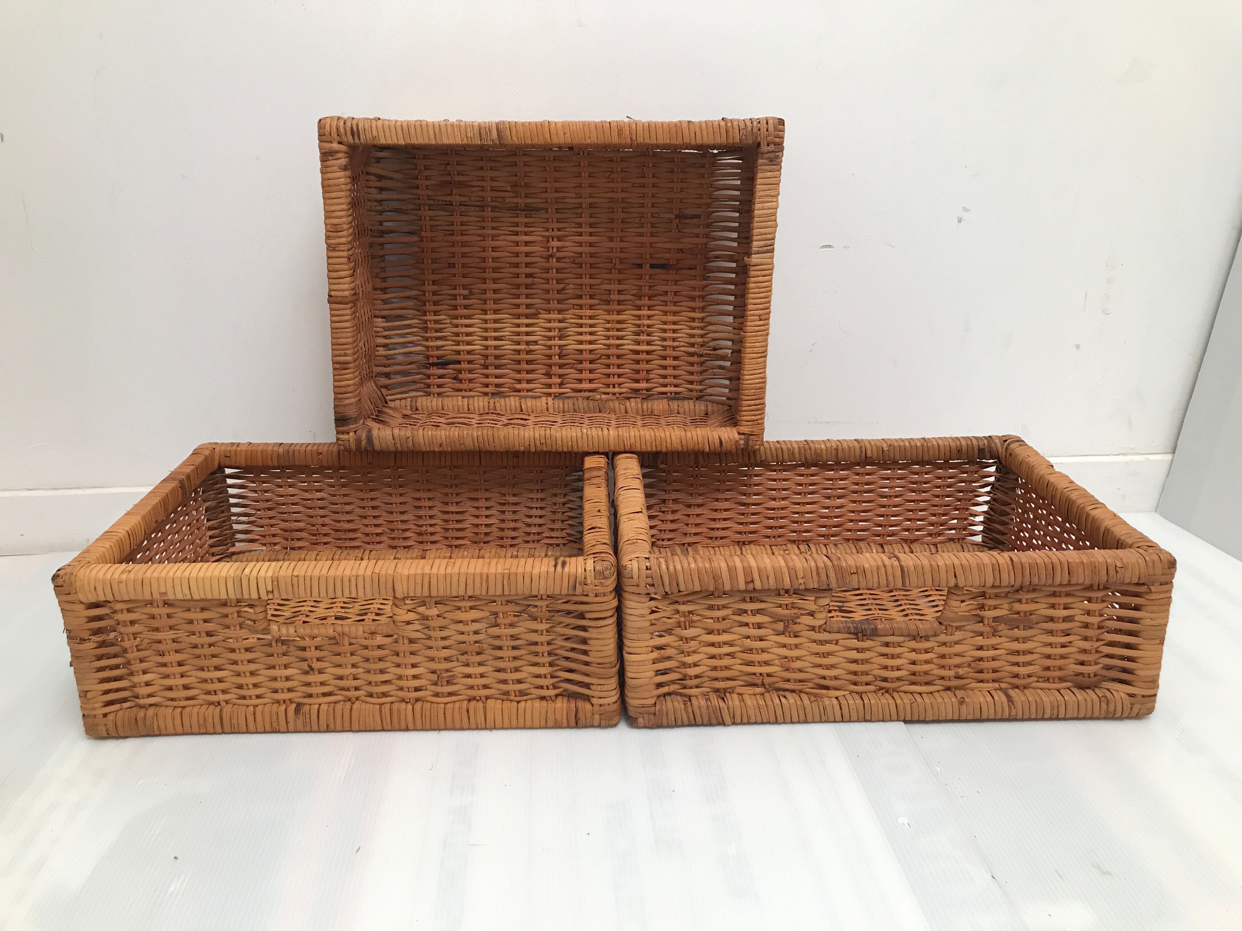 Rattan wicker storage cabinet with 3 vintage drawers