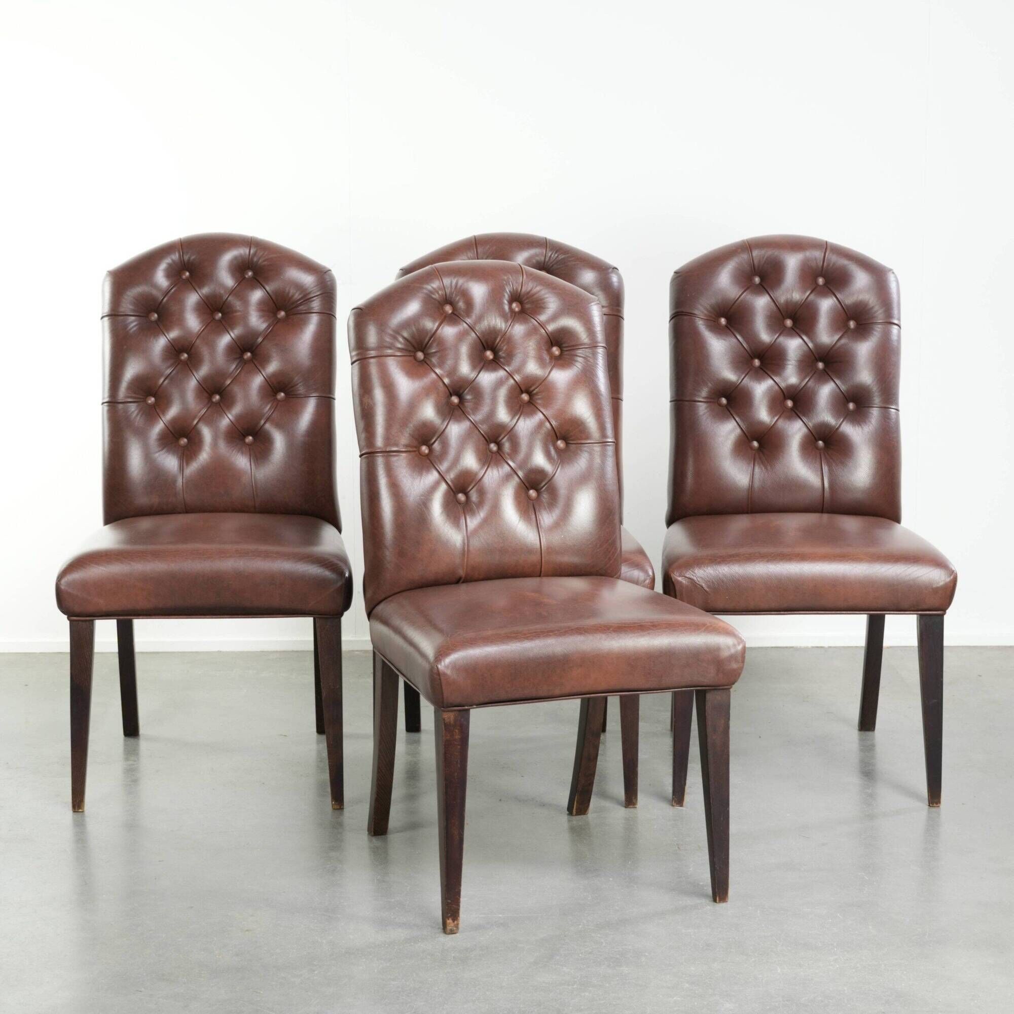 Set of 4 vintage cowhide leather chesterfield dining chairs