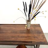 Solid pine workbench, grooved top, satin brown finish.