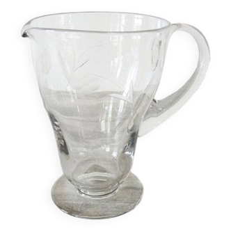 Antique engraved glass water jug with grape decor