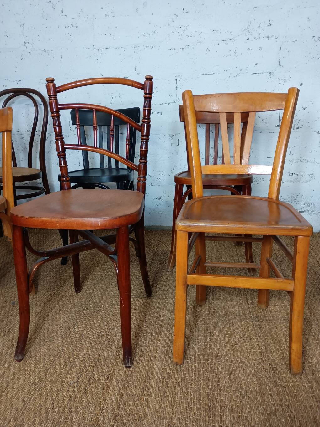 Set of 8 mismatched vintage bistro chairs