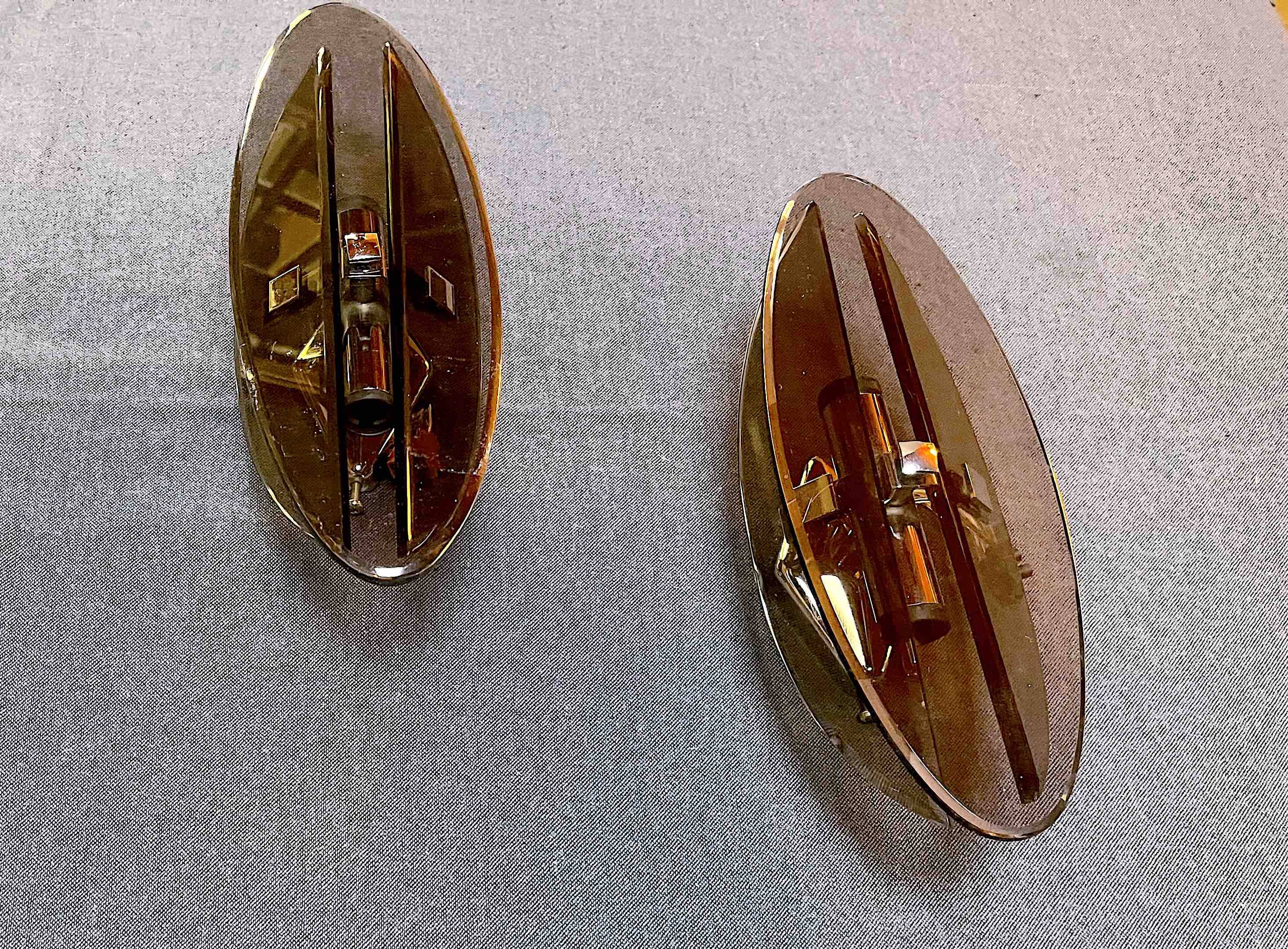Veca, Pair of smoked glass and chrome wall lights, Italy 1970s